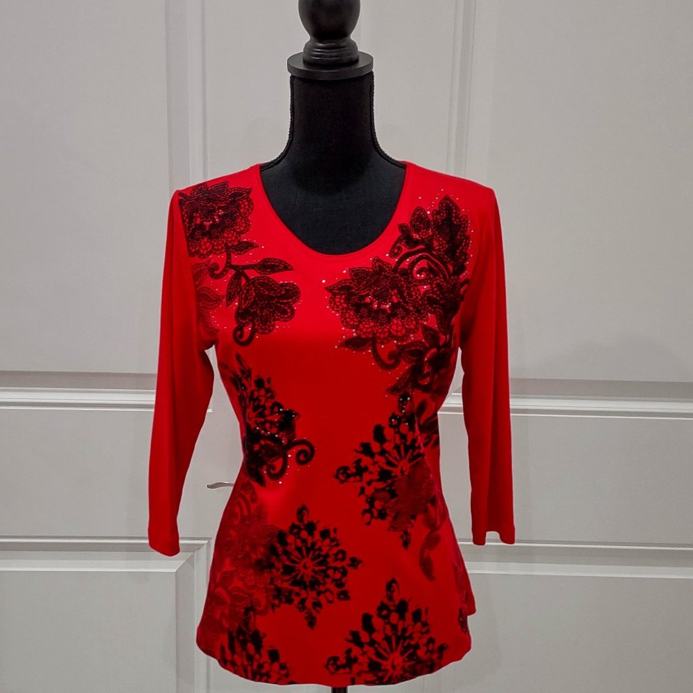 Allison Daley Red and Black Floral Women's Petite Top